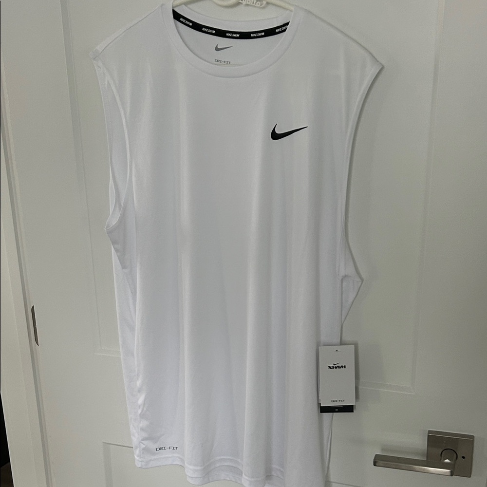 Nike White Sleeveless Dri-FIT SWIM Training Tank with Black Swoosh UPF 40 L